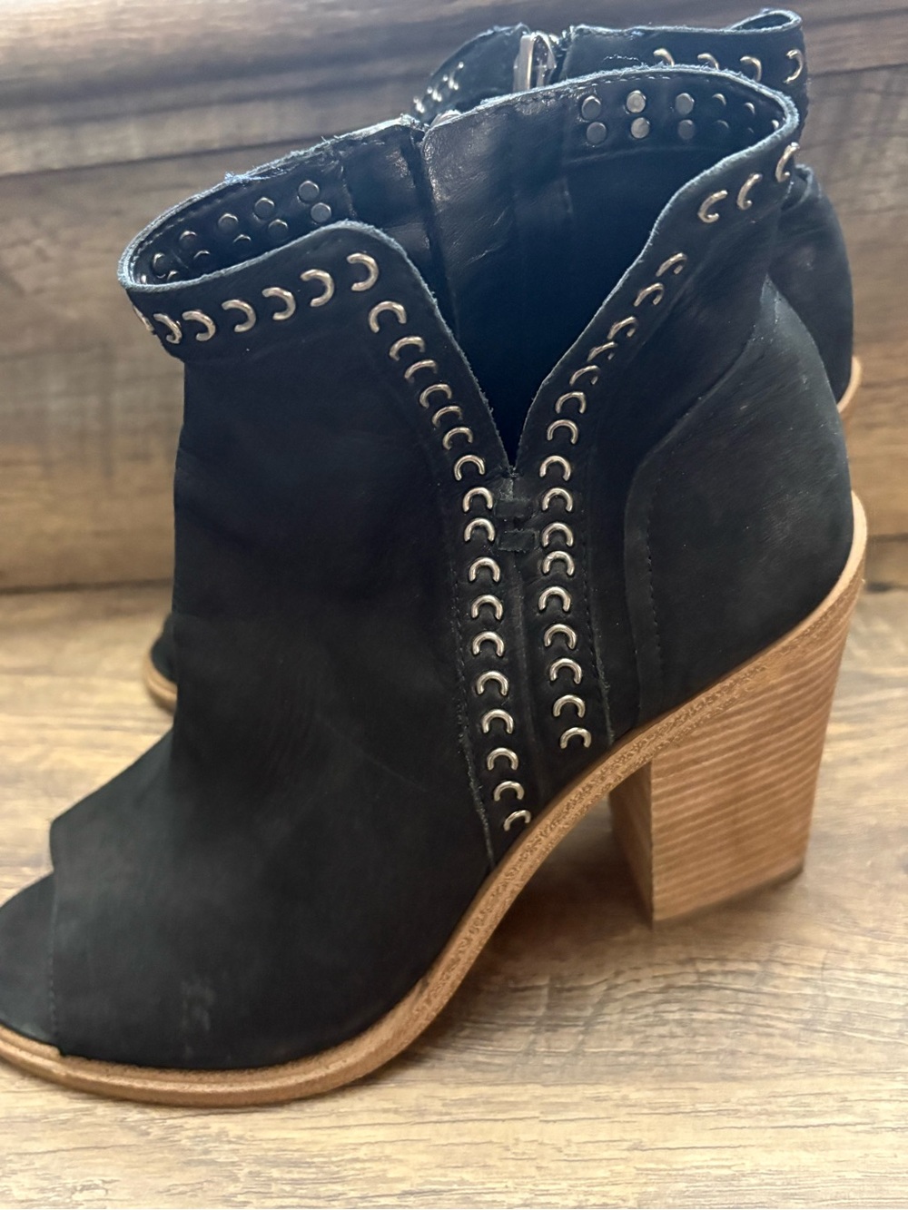 Vince Camuto Black Suede Peep-Toe Stud-Trim Block Heel Booties